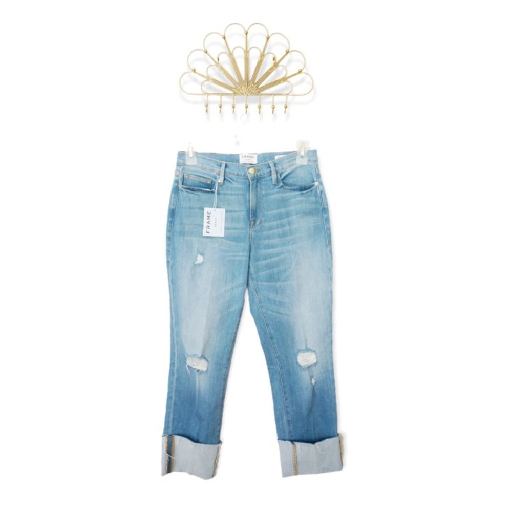 Frame Le Nouveau Light Wash High Rise Distressed Straight Leg Raw Big Cuff Jeans